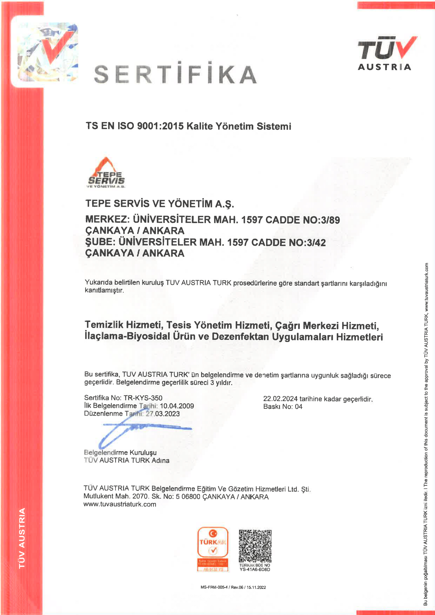 Tepe Servis - ISO 9001 2019 - EN